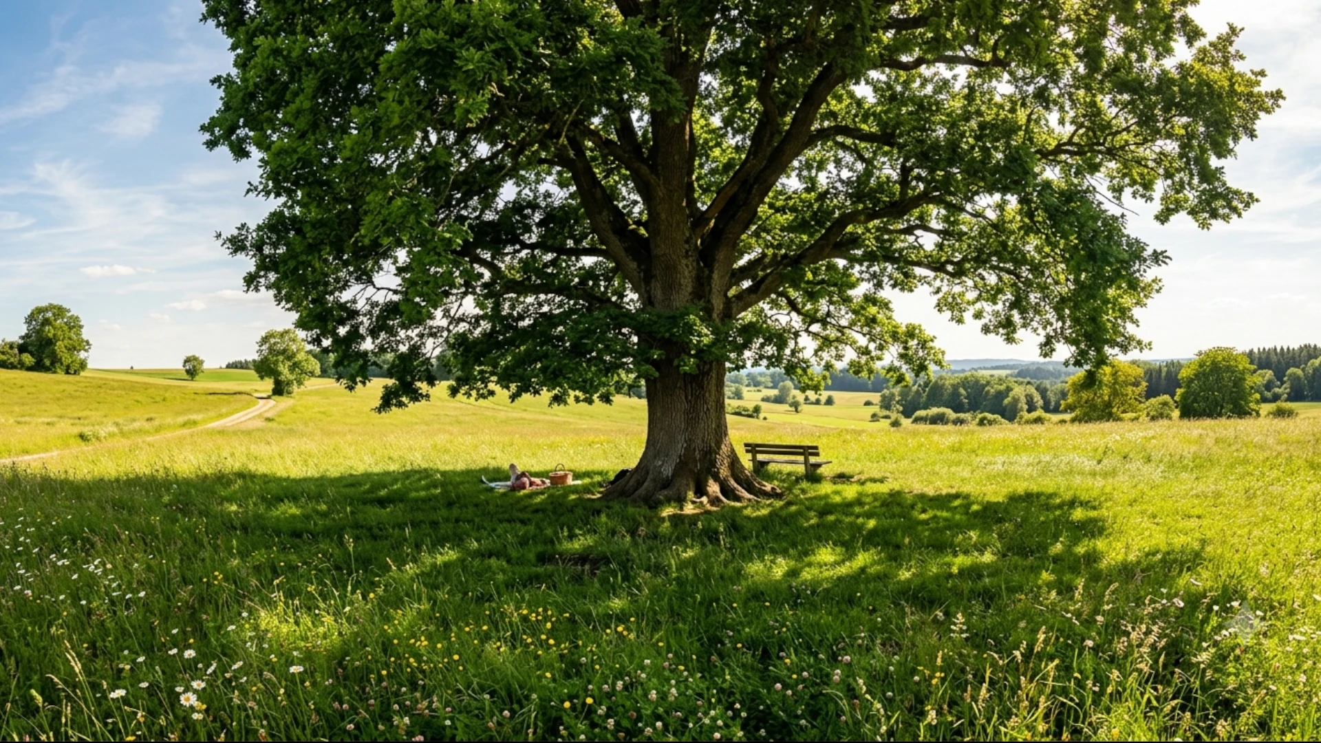 Alte Eiche wirft weiten, weichen Schatten über einen Garten
