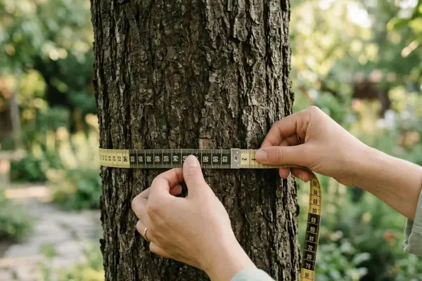 Gärtnerin prüft im Frühjahr den Stammumfang eines Baumes vor dem Rückschnitt