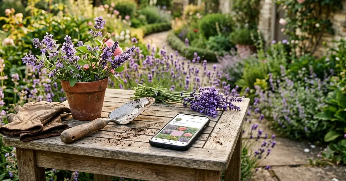 Smartphone mit geöffneter Instagram-App liegt zwischen Gartenwerkzeug auf einem Holztisch